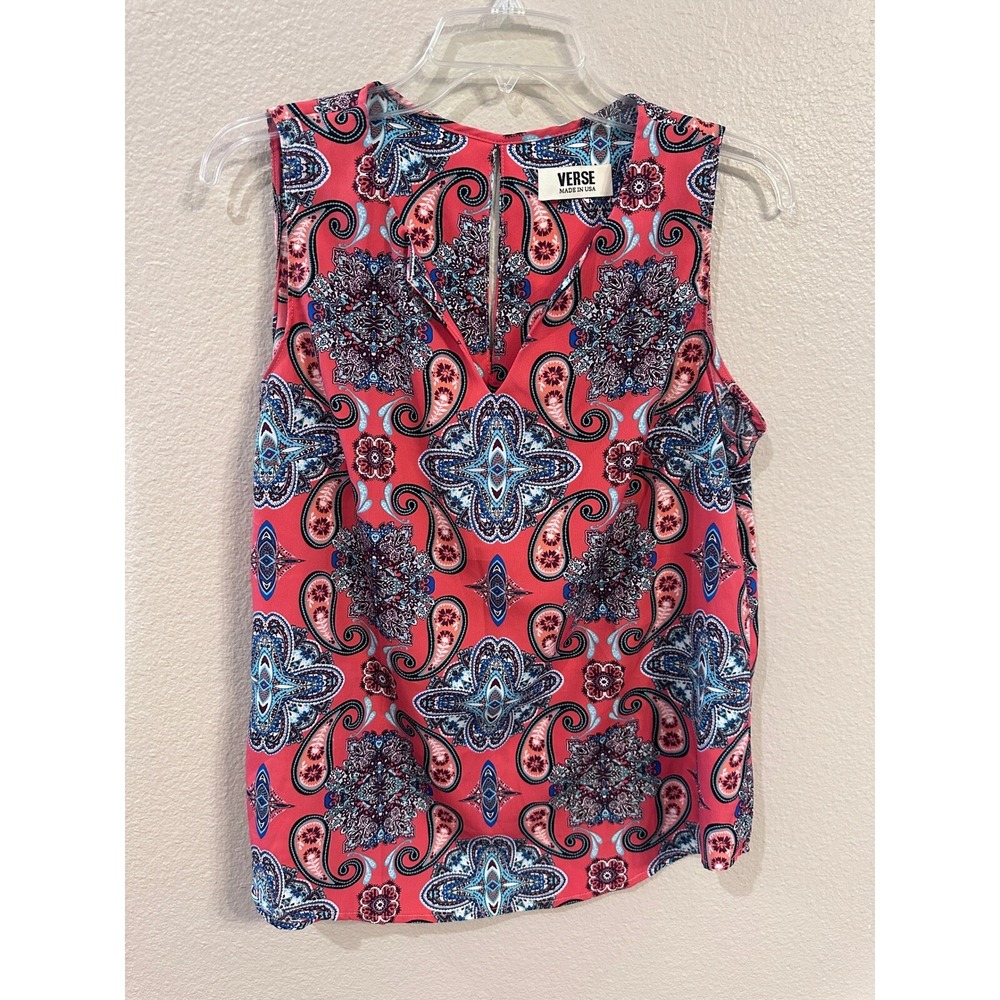 VERSE Paisley Print Sleeveless Blouse V-Neck Casual Top Coral M